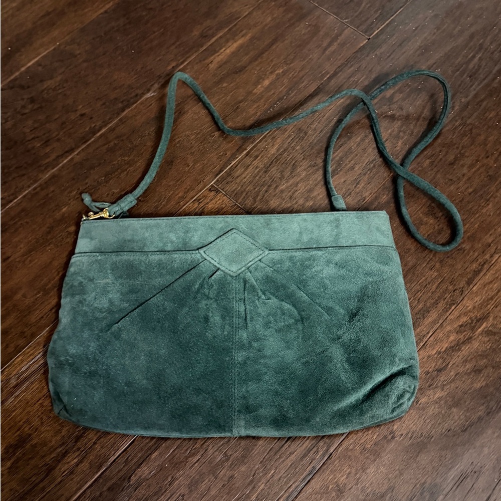 Vintage Nordstrom Kelly Green Suede Leather Crossbody Shoulder bag Gold